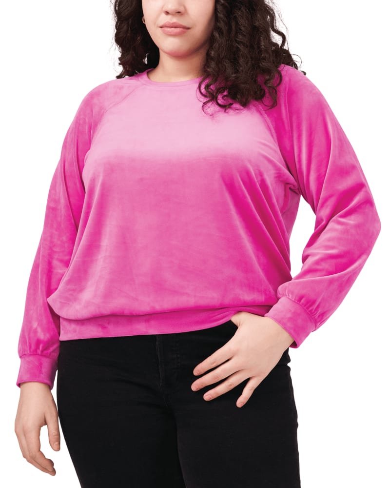 Front of a model wearing a size 0X Maria Crewneck Pullover in PARTY PINK-635 by 1.State. | dia_product_style_image_id:262414